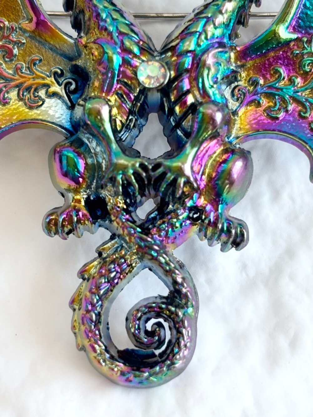 Iridescent Twin Dragon Figural Rhinestone Accented Vintage Inspired Brooch Pin - Picture 6 of 16